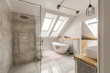 Modern bathroom interior with minimalistic shower - obrazy, fototapety, plakaty