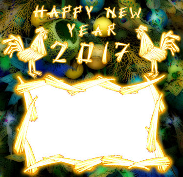 Roosters symbol of 2017 on the Chinese calendar. Silhouette of gold yellow cock decorated on floral New Year's design background. Card with blank copyspace place for text or congratulation message.