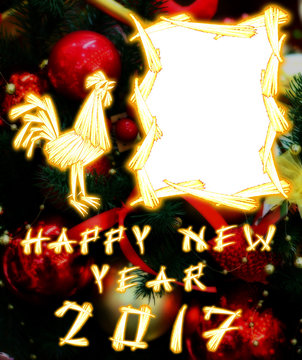 Of rooster symbol of 2017 on the Chinese calendar. Silhouette of gold yellow cock decorated on floral New Year's design background. Card with blank copyspace place for text or congratulation message.