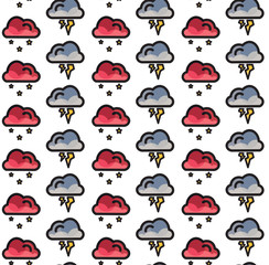 Seamless pattern with rainbow white cloud sky, cute cartoon illustration backgro