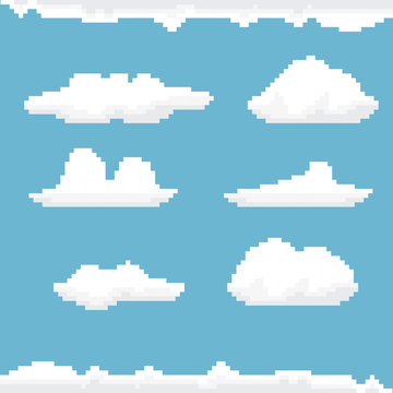 Vector Sky With Clouds Pixel Art Background.