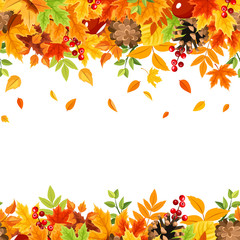 Vector horizontal seamless frame with colorful falling autumn leaves on a white background.
