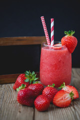 Strawberry Slush on Wood with Blank Black Board, Summer Drink ,