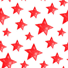 red watercolor stars background. Seamless pattern
