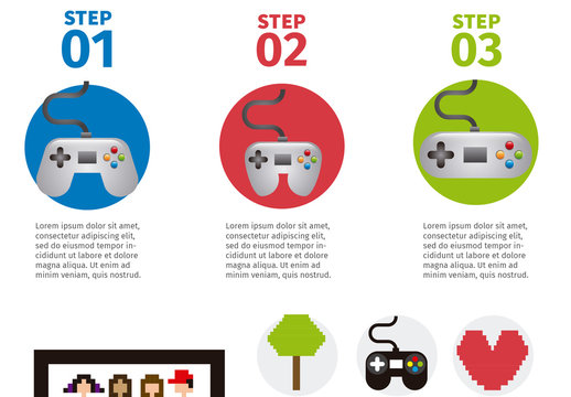 Video Game Data Infographic with Pixelated Pictogram Icons 2