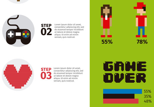 Video Game Data Infographic with Pixelated Pictogram Icons 3