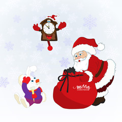 Christmas card with Santa Claus,a rabbit, clock