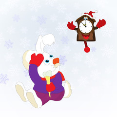 Christmas card with rabbit and clock. Blue background snowflakes