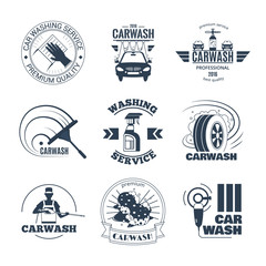 Car Wash Black Emblems Icons Set 
