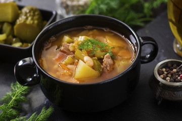 Soup with pickled cucumbers and beans in Ukrainian style