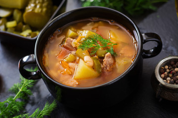 Soup with pickled cucumbers and beans in Ukrainian style