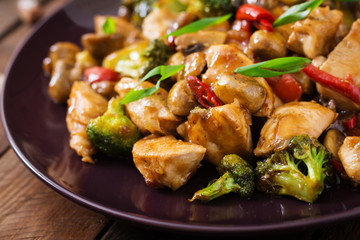 Stir fry with chicken, mushrooms, broccoli and peppers - Chinese food