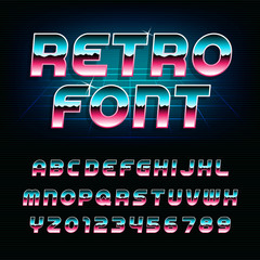 Fototapeta premium 80's retro alphabet font. Metallic effect shiny oblique letters and numbers. Vector typeface for flyers, headlines, posters etc.