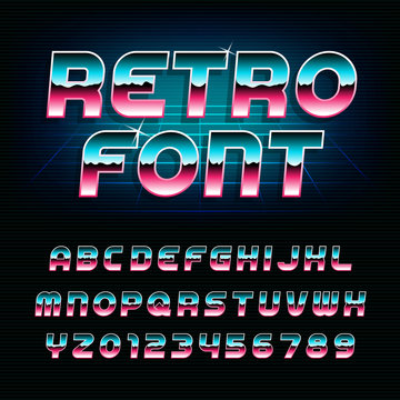80's retro alphabet font. Metallic effect shiny oblique letters and numbers. Vector typeface for flyers, headlines, posters etc.