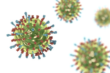 Mumps virus. 3D illustration showing structure of mumps virus with surface glycoprotein spikes heamagglutinin-neuraminidase and fusion protein