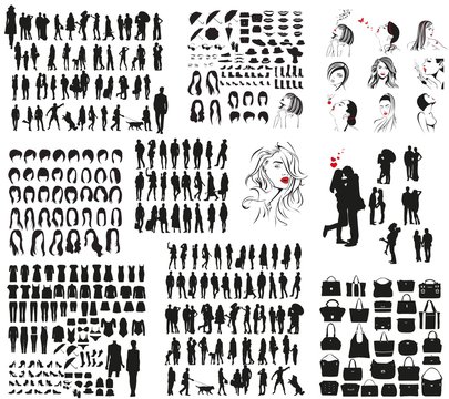 A large set of vector silhouettes of people, women's accessories and other objects