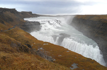 Breathtaking Gullfos Waterfall under Cloudy Sky of Late Autumn, the Golden Circle, Iceland 