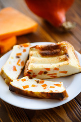 sweet curd pudding with chunks of pumpkin inside