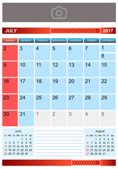 Calendar for July 2017. Sunday first