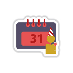 Vector illustration in paper sticker style christmas calendar 31st of december and man silhouette with wine glass