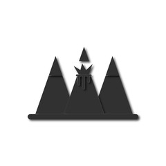 Black and white Vector illustration in flat design of volcano explosion between the mountains