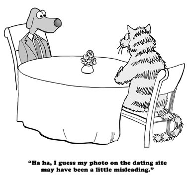 Black And White Illustration Of A Cat And A Dog On A First Date.  The Cat Submitted A Misleading Photo.