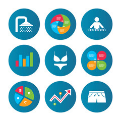 Swimming pool icons. Shower and swimwear signs.