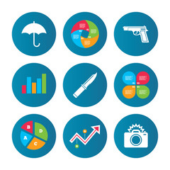 Gun weapon. Knife, umbrella and photo camera.