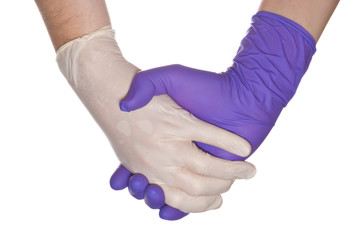 Fototapeta premium Nurse putting on medical glove isolated on white.