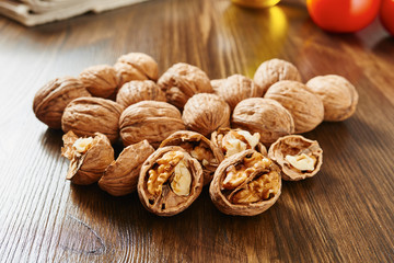 Walnuts on wooden table