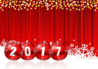2017 new years vector illustration with snowing and christmas balls on red background 