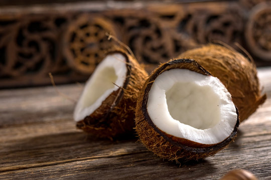 Coconuts on  wooden background
