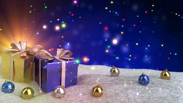 Christmas gifts in snow on blue bokeh background. Seamless loop. 3D render.