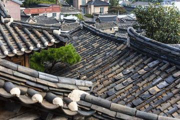 Top view of the old Asian village with traditional architecture in Seoul - South Korea