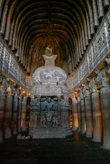 Chaitya-griha or prayer hall in Cave 26. Part of 29 rock-cut Buddhist cave monuments at Ajanta Caves.   Part of UNESCO World Heritage Site.