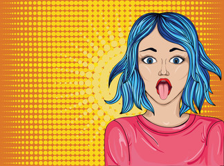 The girl stuck out her tongue. Teases. Pop Art illustration.