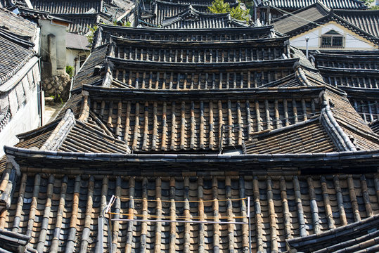 Top view of the old Asian village with traditional architecture in Seoul - South Korea