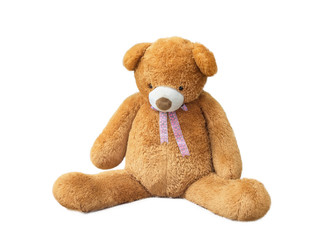 Teddy bear low one's head.teddy bear was sad. Teddy bear isolated on white ground with clipping path.