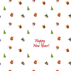 Greeting card. Colorful and graphic Christmas toys icons of balls and xmas tree and text happy New Year isolated on white background. Seamless pattern