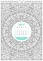 wall calendar 2017 with ornament for coloring, anti stress coloring book, april