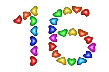 Number 16 sixteen made of colorful hearts on white