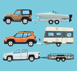Vehicle with trailer house and boat icon. transportation travel and trip theme. Colorful design. Vector illustration