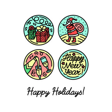 Set of flat line icons on the winter holidays.