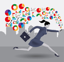 Analyzing trends business concept. Confident business woman in business suit runs with smart phone in one hand and case in other hand. Different kinds of business charts form a cloud around her.