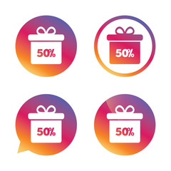 50 percent sale gift box tag sign icon.