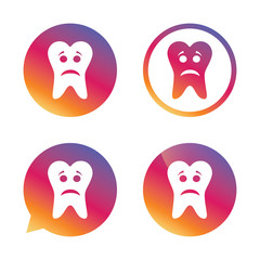 Tooth sad face sign icon. Aching tooth symbol.