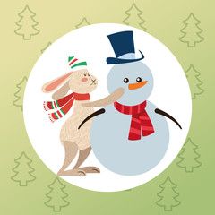 Rabbit and snowman cartoon icon. Christmas season card decoration and celebration theme. Colorful design. Vector illustration