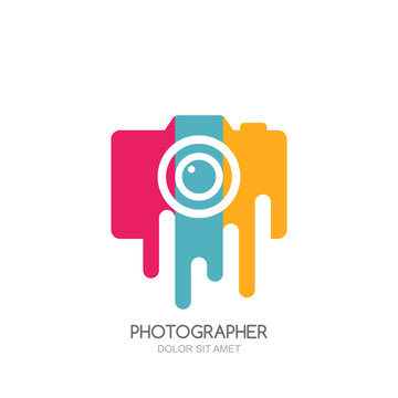 Vector logo, label, emblem design template. Isolated digital photo camera with colorful stripes. Concept for photographer, portfolio, photo album and photo app.