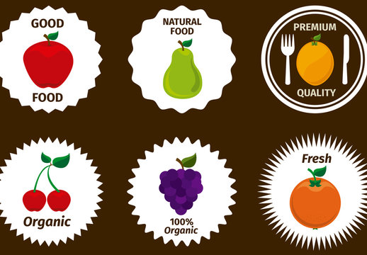 9 Fruit Icons on Scalloped White Circles with Editable Text