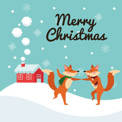 couple of fox cartoon icon. Christmas season card decoration and celebration theme. Colorful design. Vector illustration